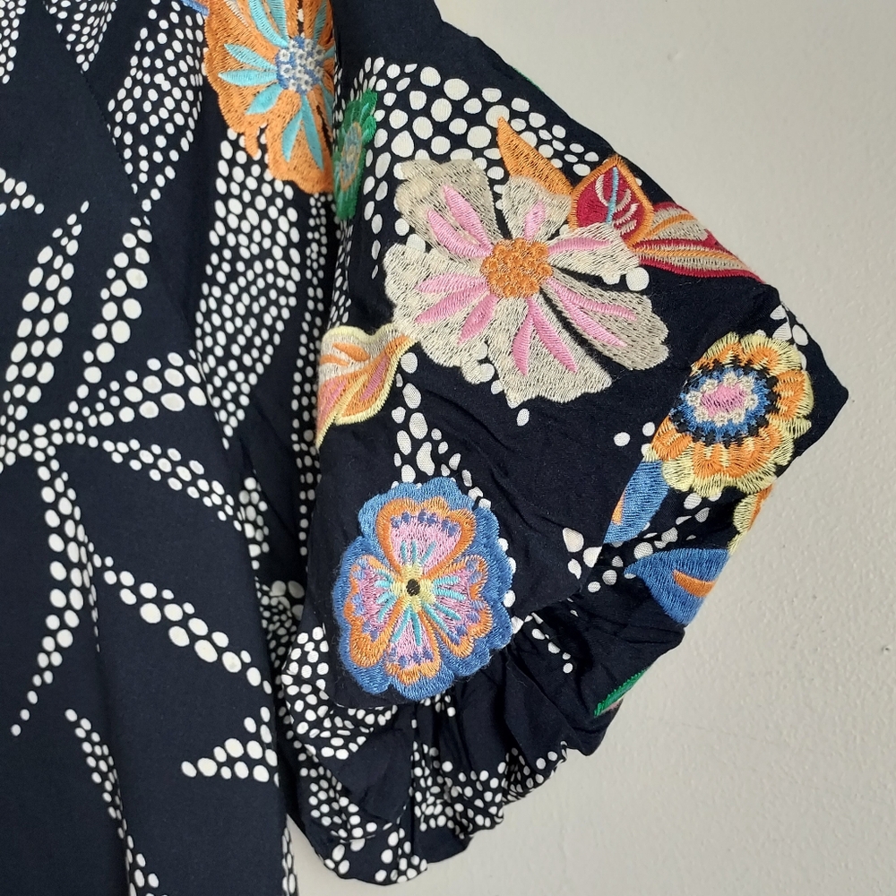 THML Print Embroidered Puff Sleeve Top Popover Blouse Size Small Tassels - Picture 6 of 10